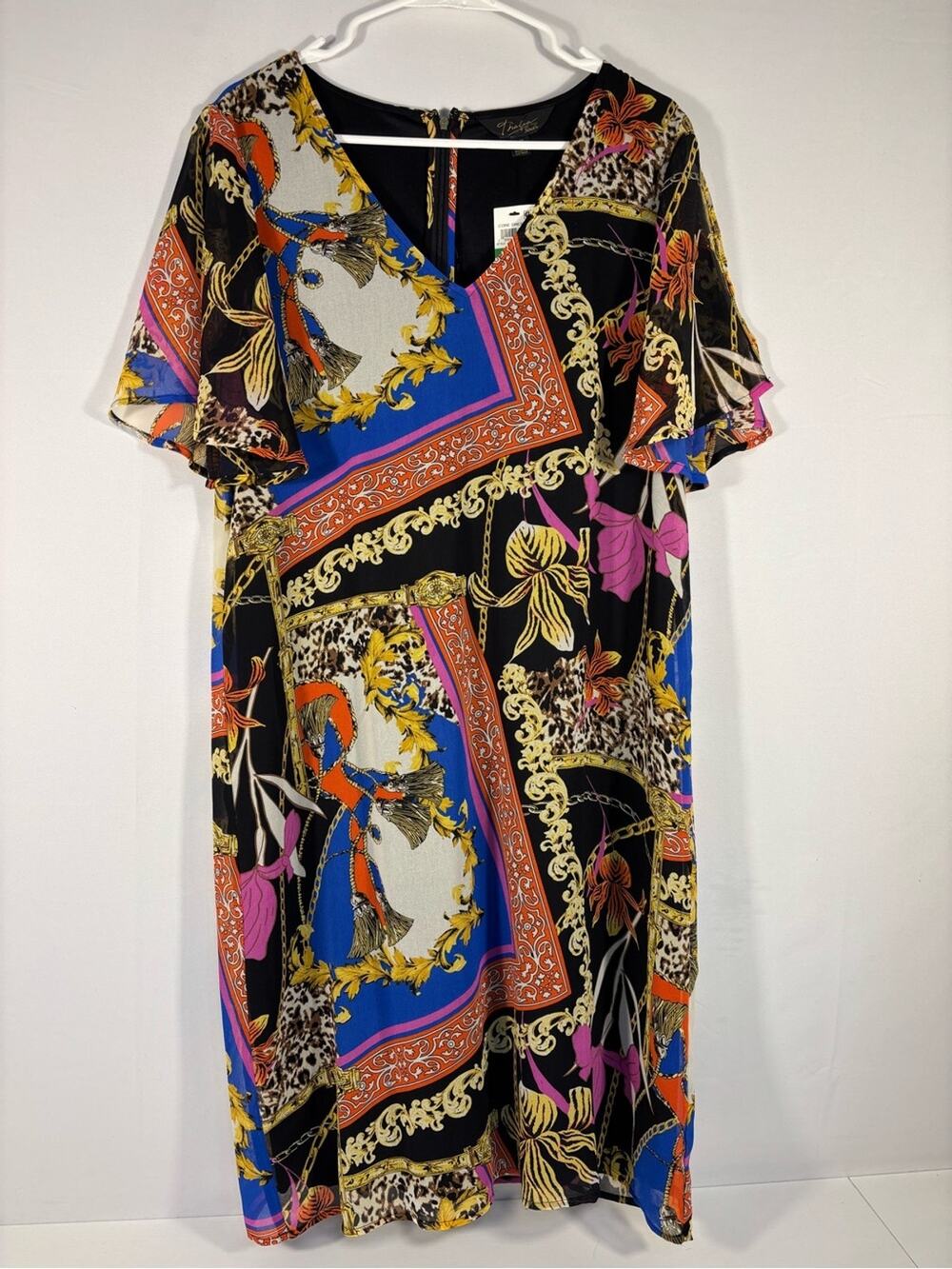 NWT Thalia Sodi Scarf Print Dress Baroque Chain Leopard Midi Size Large 1039